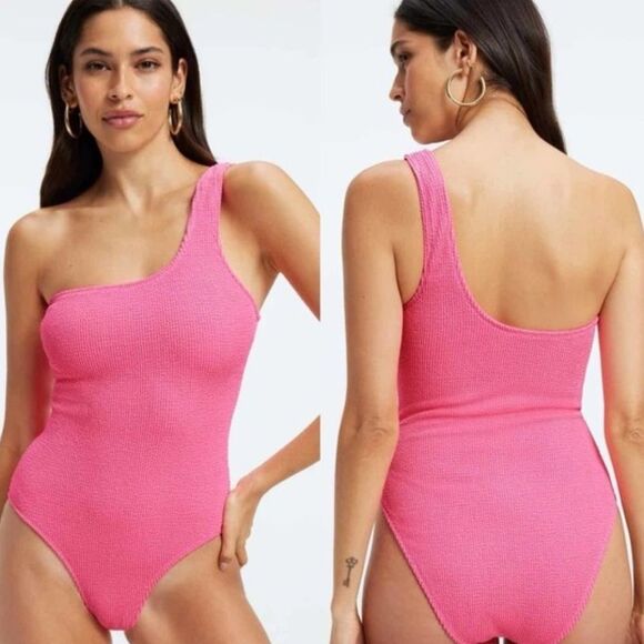 Good American Women’s Xs Always Fits One Shoulder Swimsuitsuit Textured Hot Pink
